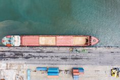 Overhead view of a bulk grain ship in port.