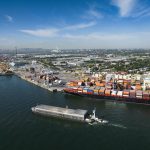 Aerial view of a ship at the Port of Montreal.