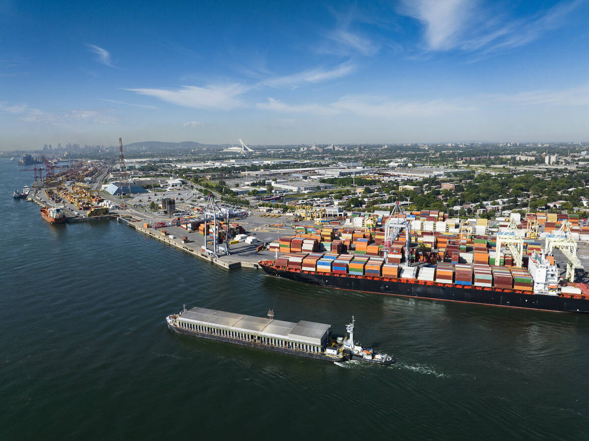 Aerial view of a ship at the Port of Montreal.