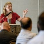 Mary Wells, University of Waterloo Dean of Engineering, explains collaboration potential between the agriculture and the university's Applied Science and Engineering faculty to create sector technology solutions during the Livestock Research Innovation Corporation symposium in Elora on June 20, 2024.