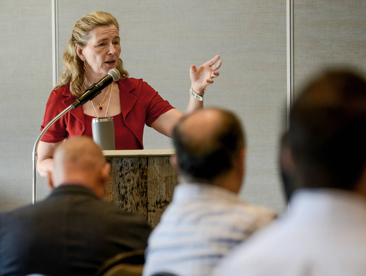 Mary Wells, University of Waterloo Dean of Engineering, explains collaboration potential between the agriculture and the university's Applied Science and Engineering faculty to create sector technology solutions during the Livestock Research Innovation Corporation symposium in Elora on June 20, 2024.