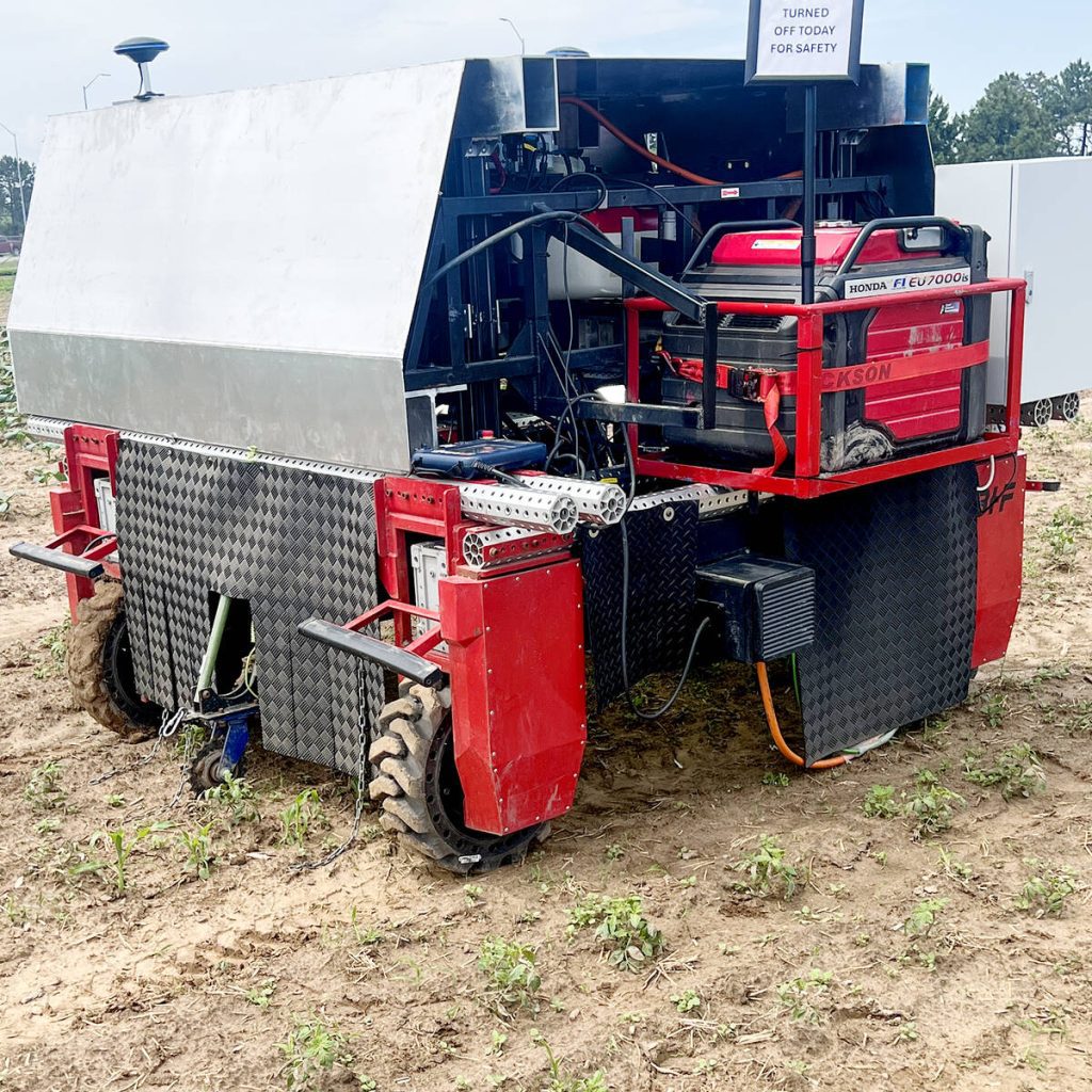The 1.2 ton BHF ElectricWeeder is an Ontario-made and developed weather resistant autonomous robot that uses crop-based modelling, not weed-based. Photo: Kristy Nudds