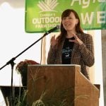 Shari van de Pol of Cattleytics speaks at the Ag Tech Breakfast at Canada's Outdoor Farm Show 2024. Photo: John Greig