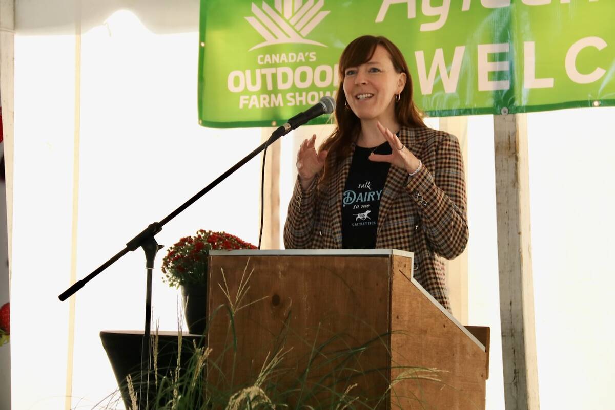 Shari van de Pol of Cattleytics speaks at the Ag Tech Breakfast at Canada's Outdoor Farm Show 2024. Photo: John Greig