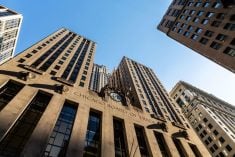 Looking up at exterior of the Chicago Board of Trade building.