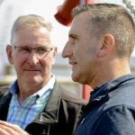 Trevor Jones, Ontario Minister of Agriculture, Food and Agribusiness, foreground, and Russell Redding, Pennsylvania Secretary of Agriculture, spent time in the Innovation in Agriculture tent at Canada's Outdoor Farm Show and touring the site on Sept. 10, 2025, . The men said, despite trade issues, farmers on each side of the border share the same goal and concerns when it comes to raising food. Photo Diana Martin