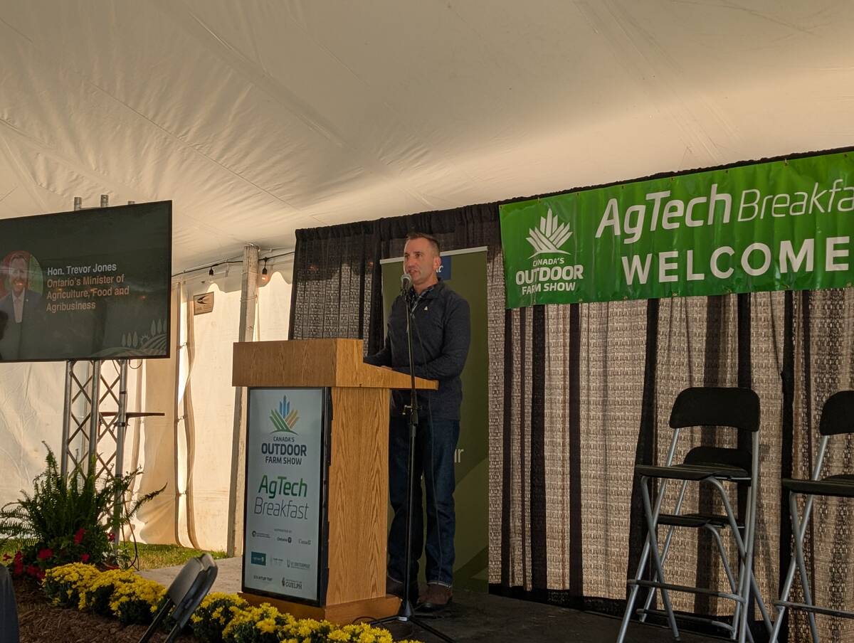 Ontario Minister of Agriculture, Food and Agribusiness Trevor Jones opens the AgTech Breakfast at Canada's Outdoor Farm Show 2025