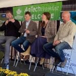 Panellists talk about how connections to farmers help make sure their products will resonate. Jesse Wiebe, left, moderated the panel that included Colin Yates, left, Shari van de Pol and Matt Stevens.