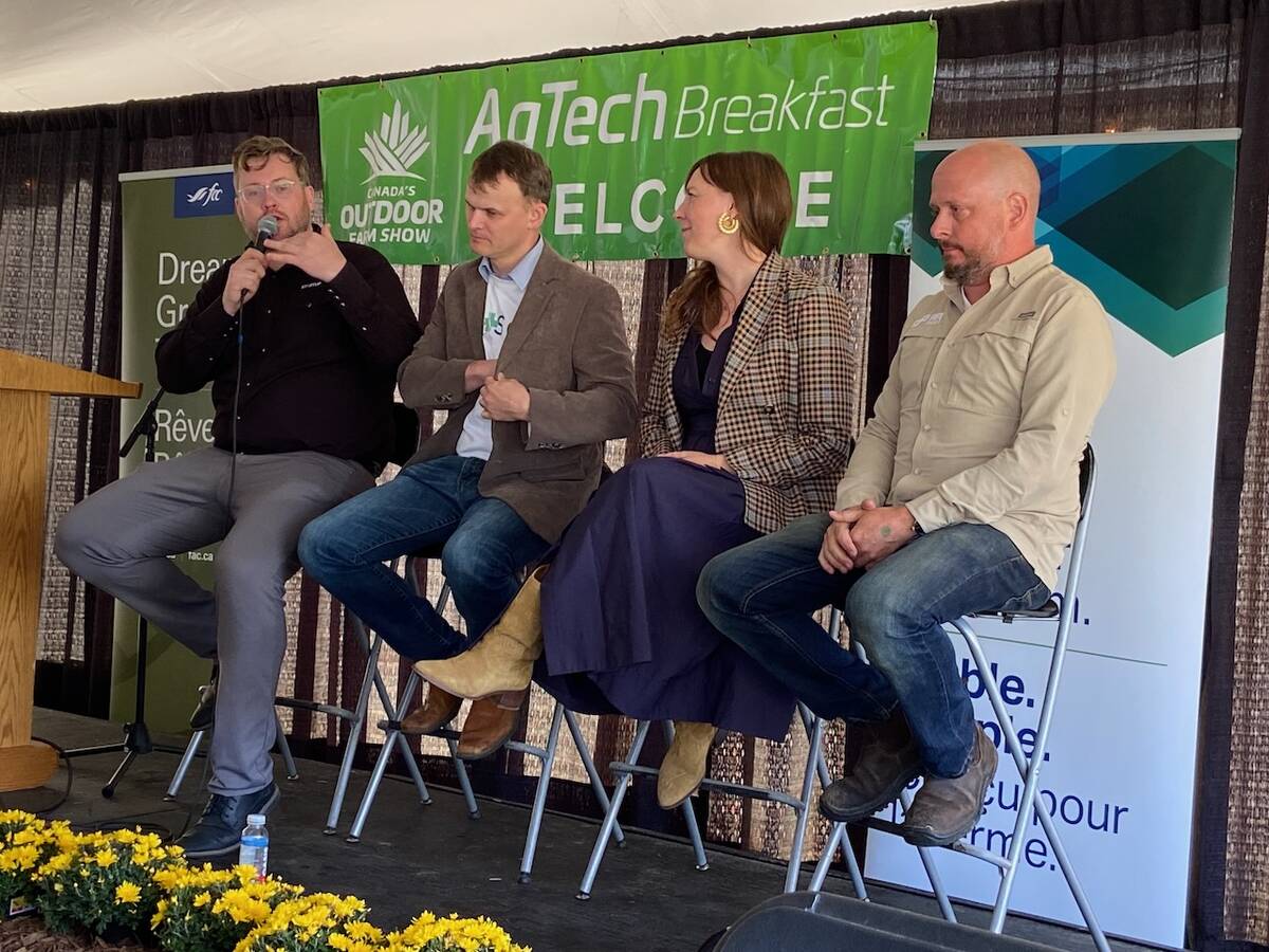 Panellists talk about how connections to farmers help make sure their products will resonate. Jesse Wiebe, left, moderated the panel that included Colin Yates, left, Shari van de Pol and Matt Stevens.