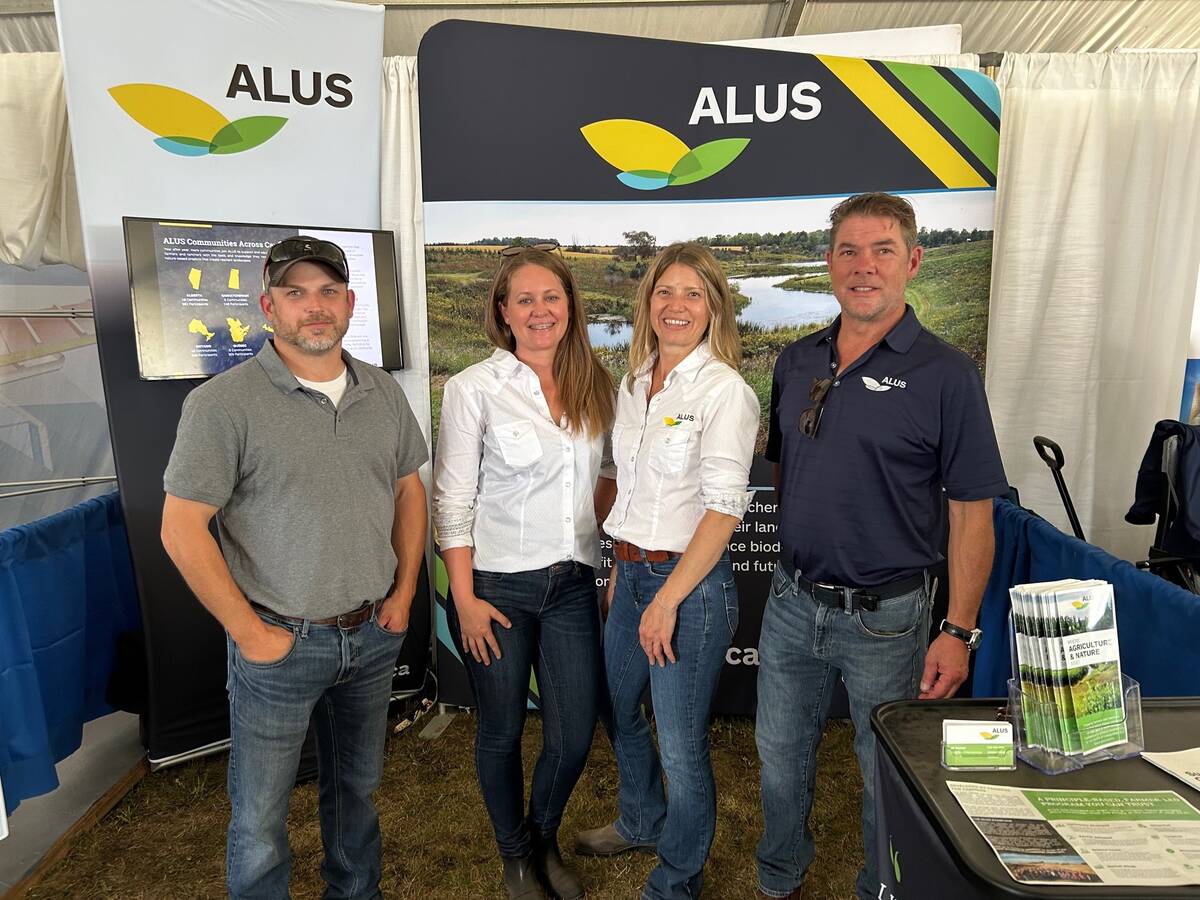 Keith Reid of ALUS Grey-Bruce, ALUS Senior Hub Manager Great Lakes Alyssa Cousineau, ALUS Director of Partnerships Jill Weaver, and Steve Bradish of ALUS Middlesex.