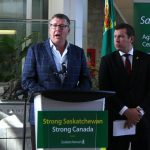 Saskatchewan premier Scott Moe, left, and Kody Blois, parliamentary secretary to the prime minister, participate in a press conference prior to their mission to China. Photo: Janelle Rudolph