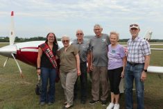 Members of the International Flying Farmers, Ontario Chapter were recently joined by Bruce County Queen of the Furrow Jasmin Schiestel at a meet up at the Saugeen Municipal Airport near Walkerton, Ontario. The group hosts regular fly-ins across the province featuring guests, fundraisers and learning events. Pictured: Bruce Country Queen of the Furrow Jasmin Schiestel, Maria Hodgins, Burt Hodgins, Fred Bruinsma, Marilyn Bruinsma and Don Matheson.