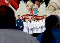 David and Penny Chapman, co-founders of Chapman's Ice Cream, in Markdale, On., frame employees representing the 800-strong company workforce during a $27 million Invest Ontario contribution to add to the manufacturer's $200 million expansion expected to open in May-June 2026. Photo Diana Martin
