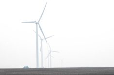 Windmills in central Manitoba disappear into heavy smoke June 9, 2025. Wildfires in Manitoba and across Western Canada led to widespread air quality warnings through May and June 2025. Photo: Alexis Stockford
