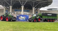 A view of an Agritechnica sign and two Fendt tractors at Agritechnica in 2023. Photo: John Greig