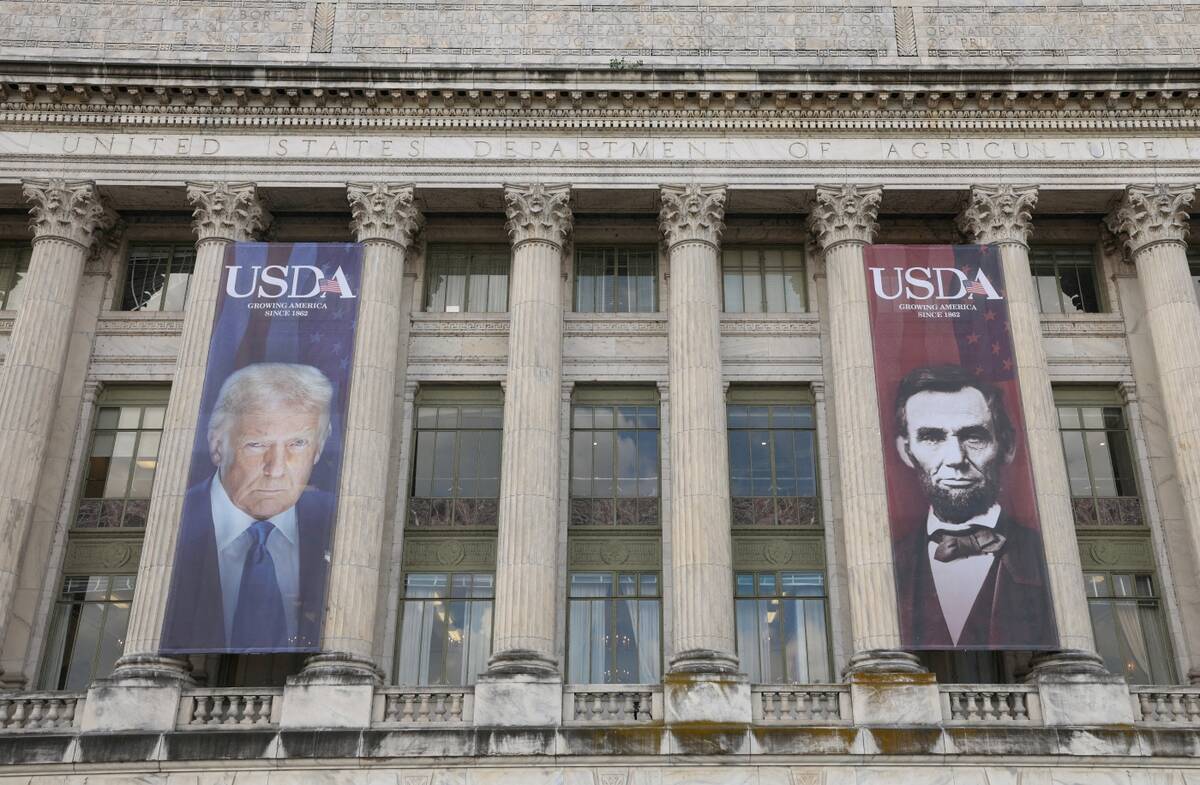 Banners of U.S. President Donald Trump and President Abraham Lincoln reading