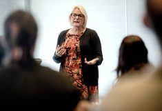 Dr. Tina Widowski, University of Guelph Department of Animal Biosciences and Egg Farmers of Canada poultry welfare research chair, shared stories of successful industry partnerships and practical research at the Livestock Research and Innovation Corporation’s annual Getting Research into Practice (GRIP)’s “Benchtop to Barnyard” roundtable in Elora, Ont., on Sept. 30. Photo Diana Martin