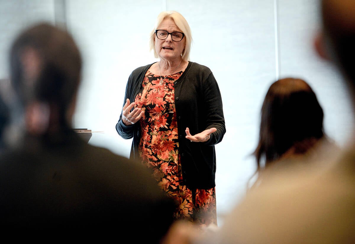 Dr. Tina Widowski, University of Guelph Department of Animal Biosciences and Egg Farmers of Canada poultry welfare research chair, shared stories of successful industry partnerships and practical research at the Livestock Research and Innovation Corporation’s annual Getting Research into Practice (GRIP)’s “Benchtop to Barnyard” roundtable in Elora, Ont., on Sept. 30. Photo Diana Martin