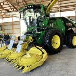 John Deere’s F8 forage harvester at Canada’s Outdoor Farm show in September 2025. Eleven new models between the F8 and F9 harvester lineup are now available from Deere. Photo: Greg Berg