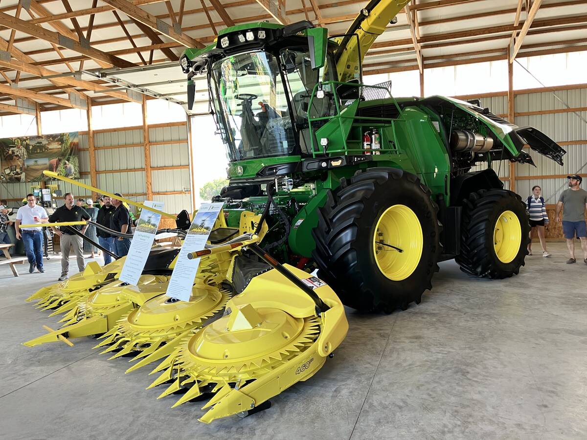 John Deere’s F8 forage harvester at Canada’s Outdoor Farm show in September 2025. Eleven new models between the F8 and F9 harvester lineup are now available from Deere. Photo: Greg Berg