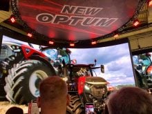 Case IH's new Optum 440 tractor moments after the curtain was dropped on the first day of Agritechnica 2025, on November 9, in Hannover, Germany.  Photo: Greg Berg