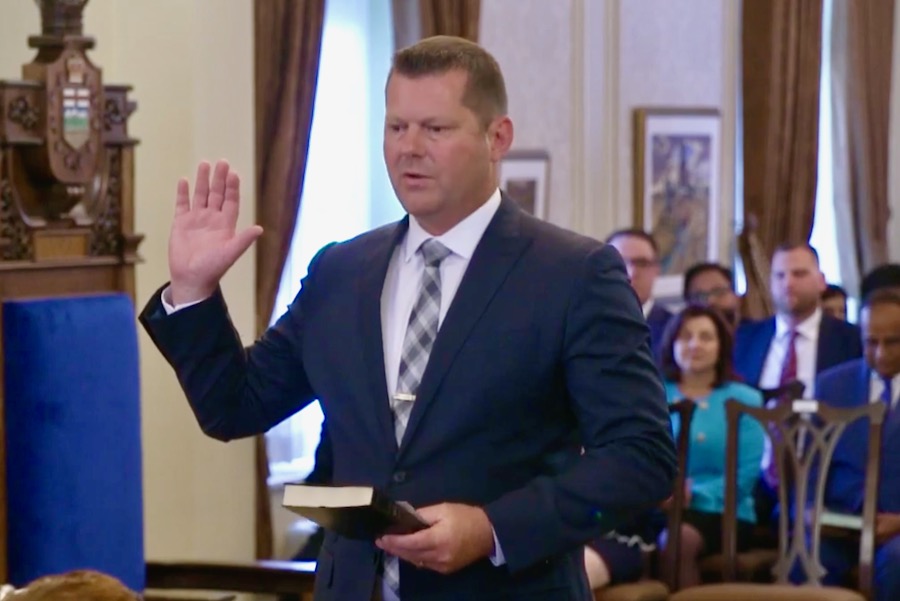 RJ Sigurdson, MLA for Highwood, is sworn in on June 9, 2023 as Alberta’s minister of agriculture and irrigation. (Government of Alberta video screengrab via YouTube)
