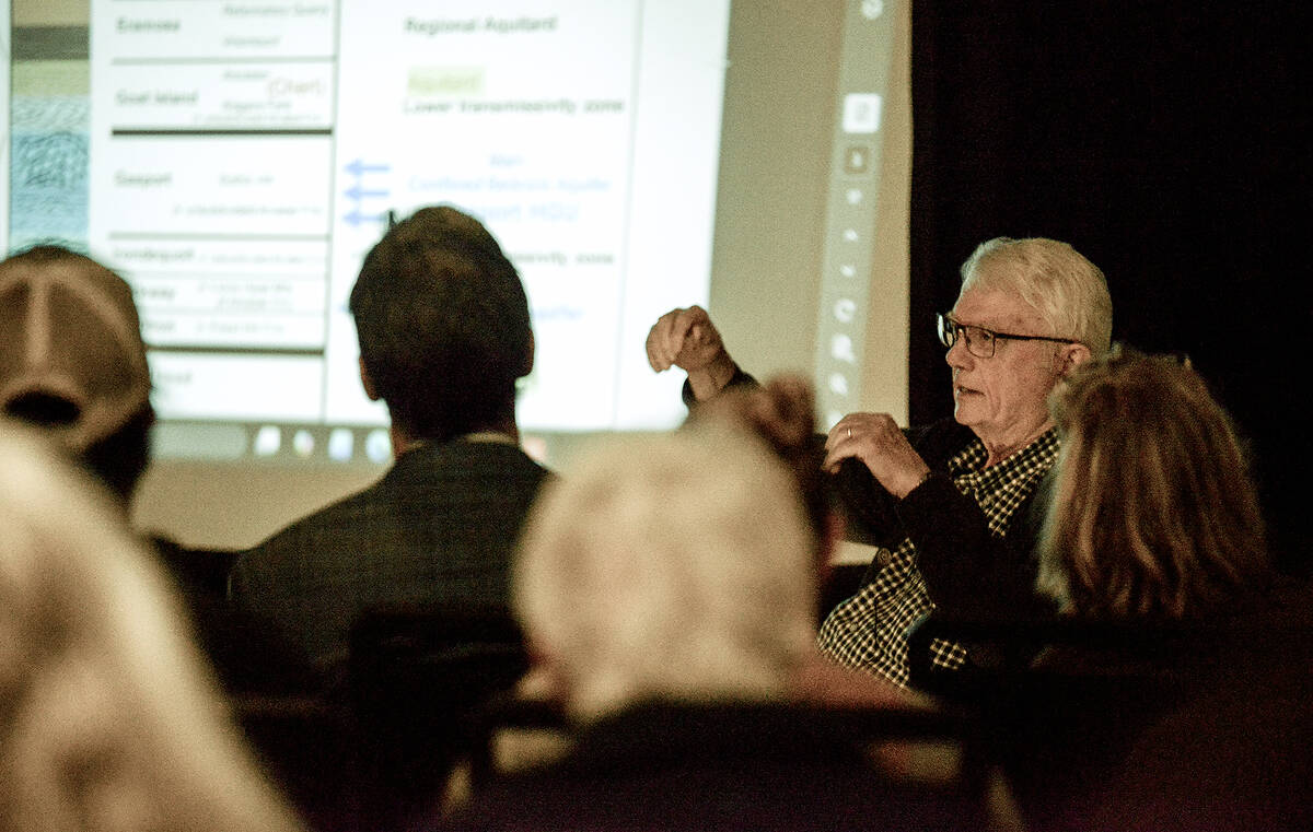 Garry Hunter, Hunter and Associates hydrogeology engineer and former North Dufferin Agriculture and Community Task Force trusted peer reviewer on the Strada Aggregates blast quarry application, explains his findings during a Nov. 4, 2025, Melancthon Against Quarries meeting in Horning's Mills. Photo: Diana Martin