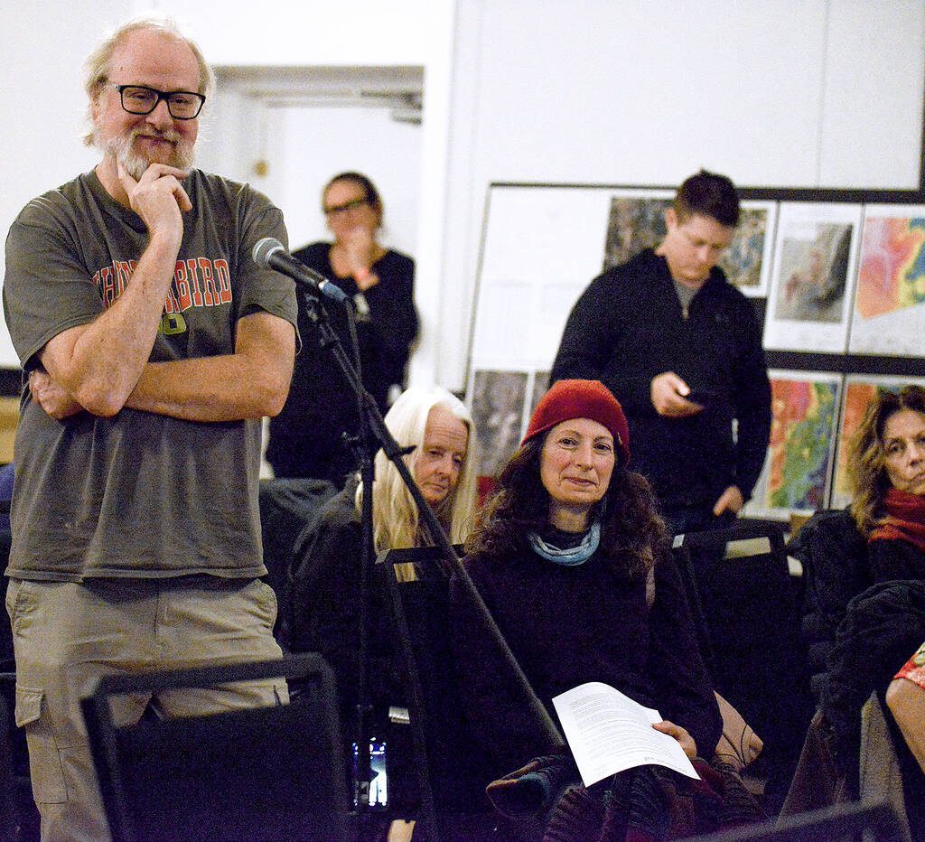 Doug Koch, Horning's Mills resident, questioned Garry Hunter about the Strada's lack of experience blasting below the water table, and what the long-term plans are to protect the safety of the headwaters water supply in perpetuity, regardless of the quarry being active or not, during a Nov. 4, 2025, Melancthon Against Quarries meeting in Horning's Mills. Photo: Diana Martin