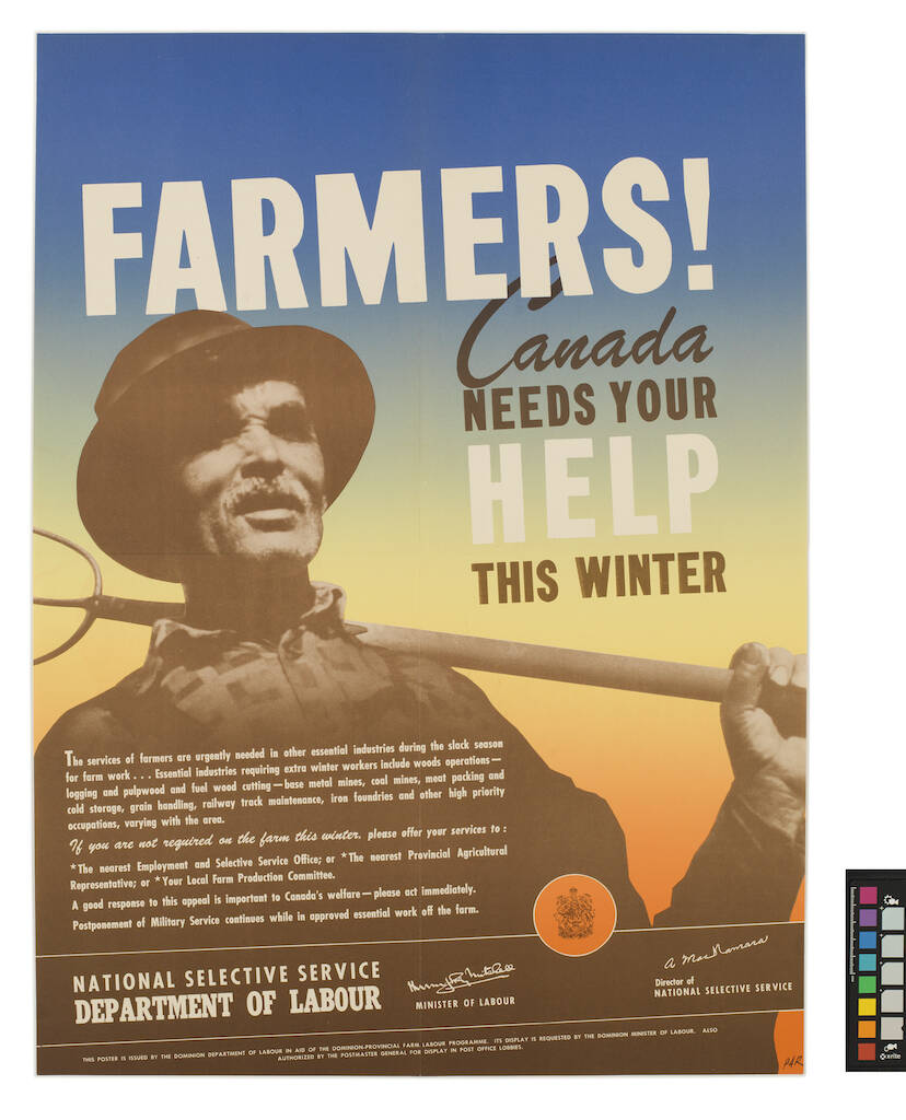A Second World War poster encourages farmers to help in the war effort. Image courtesy of the Canadian War Museum.