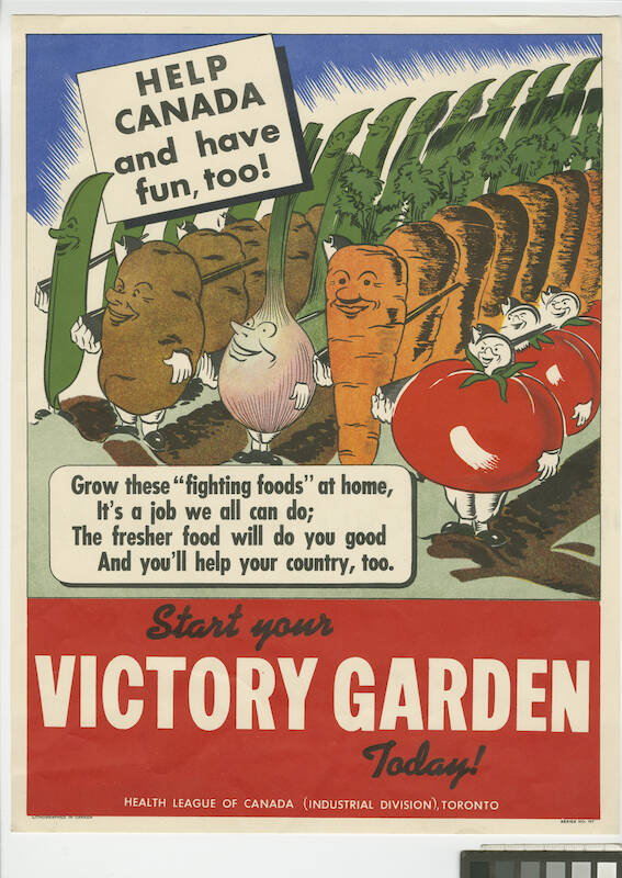 A Second World War poster depicts a “victory garden” of marching vegetables Canadians can plant at home. Image: Courtesy of the Canadian War Museum