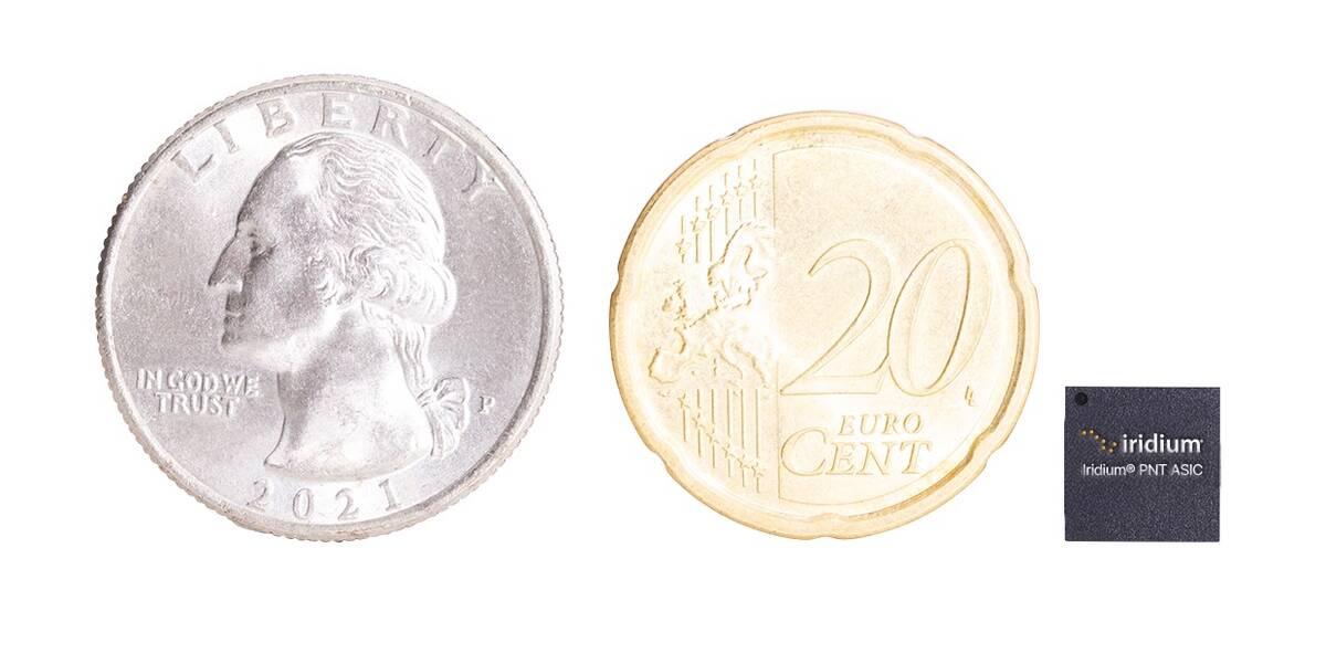 An American and Euro 20 cent coin are shown with the 8 mm by 8 mm size of the Iridium PNT ASIC chip.