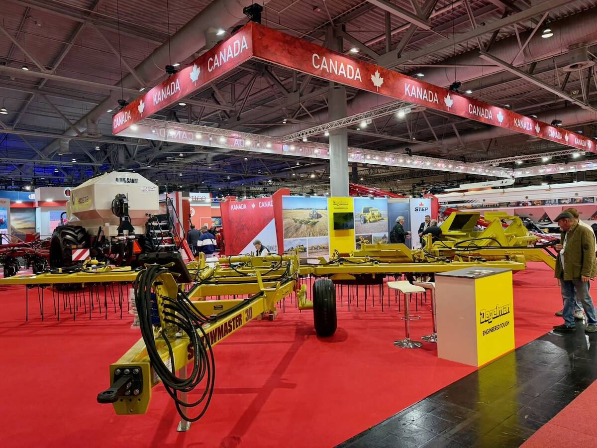 The Saskatchewan Trade and Export Alliance display at Agritechnica 2025 is emblazoned with Canadian colours. Photo: John Greig