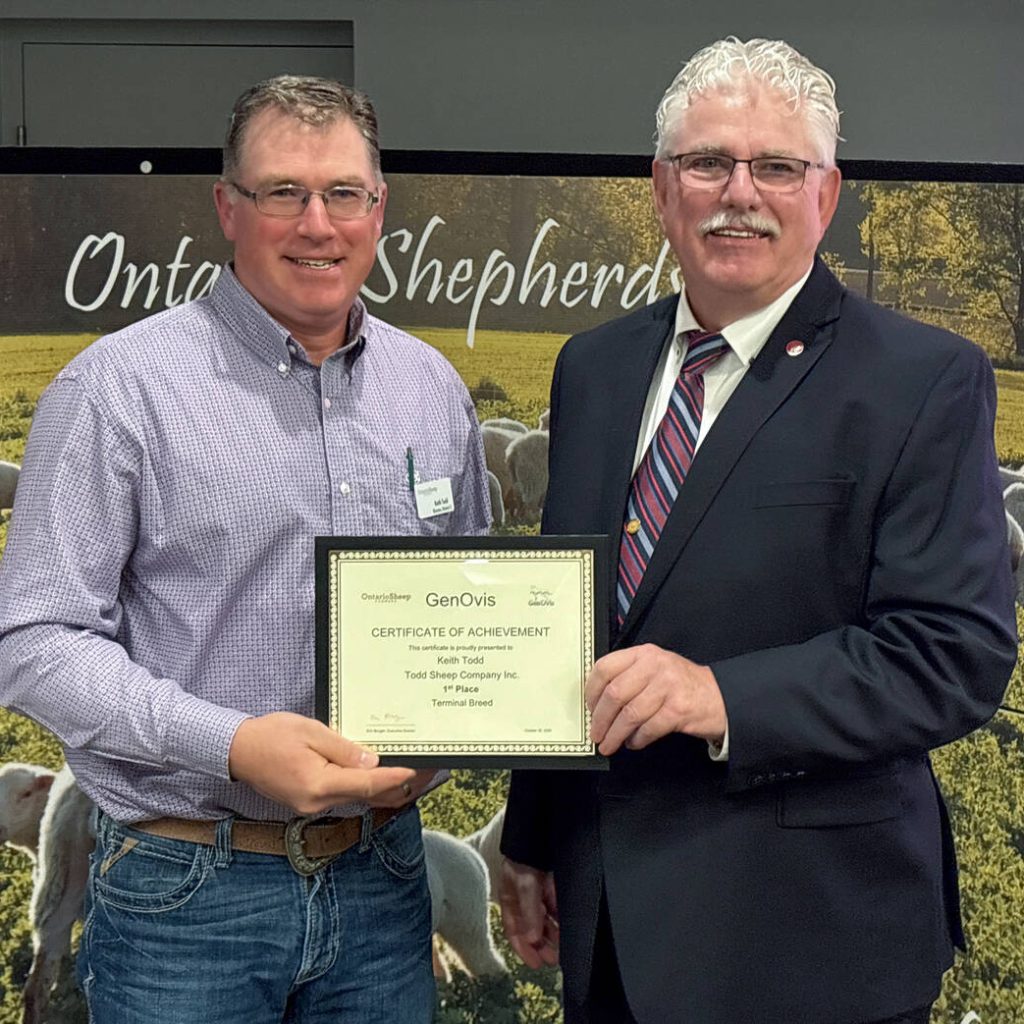 Keith Todd was presented the GenOvis Terminal breed award from Art Alblas, Ontario Sheep Farmers  chair,  during their annual general meeting on Oct. 30, 2025 in Cambridge. Photo: Diana Martin
