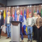 A press conference spotlighting the struggles of Canadian beekeepers took place in Ottawa Nov. 25.  Left to right: Peter Awram, Canadian Beekeepers Federation; Curtis Miedema, president, Alberta Beekeepers Commission; MP Arnold Viersen; Owen Miedema; Amber Ozero, director, Alberta Beekeepers Commission; Connie Phillips, executive director, Alberta Beekeepers Commission and Richard Ozero, Good Morning Honey. Photo: Joel Oosterman.
