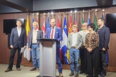 A press conference spotlighting the struggles of Canadian beekeepers took place in Ottawa Nov. 25.  Left to right:&nbsp;Peter Awram, Canadian Beekeepers Federation; Curtis Miedema, president, Alberta Beekeepers Commission; MP Arnold Viersen; Owen Miedema; Amber Ozero, director, Alberta Beekeepers Commission; Connie Phillips, executive director, Alberta Beekeepers Commission and Richard Ozero, Good Morning Honey. Photo: Joel Oosterman.
