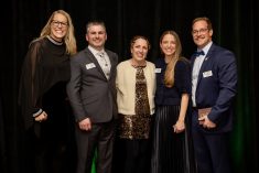 Canada's Outstanding Young Farmers national winners included, Ryan and Romy Schill, second and third from left, and Virginie Bourque and Pierre-Luc Barr&eacute;. They are shown with Amy Cronin, president of Canada's Outstanding Young Farmers.
