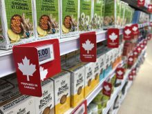 Labels show items prepared in Canada on shelves at a grocery store in Richmond Hill, Ontario, Canada, on October 25, 2025. (Photo by Creative Touch Imaging Ltd./NurPhoto)NO USE FRANCE