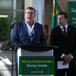 FILE PHOTO: Saskatchewan premier Scott Moe, left, and Kody Blois, parliamentary secretary to the prime minister, participate in a press conference following trade discussions in August 2025. Photo: Janelle Rudolph
