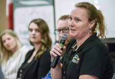 Raising thriving calves panellists Larissa Hamel of Harmony Holsteins, far left, Kristen Stevenson of Pendora Dairy Ltd., and Rob Kirkconnell of Valleykirk Farms listen as Dr. Jodie Wallace of Anderson Farms Silverstream Holsteins,  discusses her methods of calf raising including keeping them in pairs and joining them into groups of four at weaning that they'll remain in throughout their careers during the Grey Bruce Farmers Week Dairy Day in January. Photo: Diana Martin