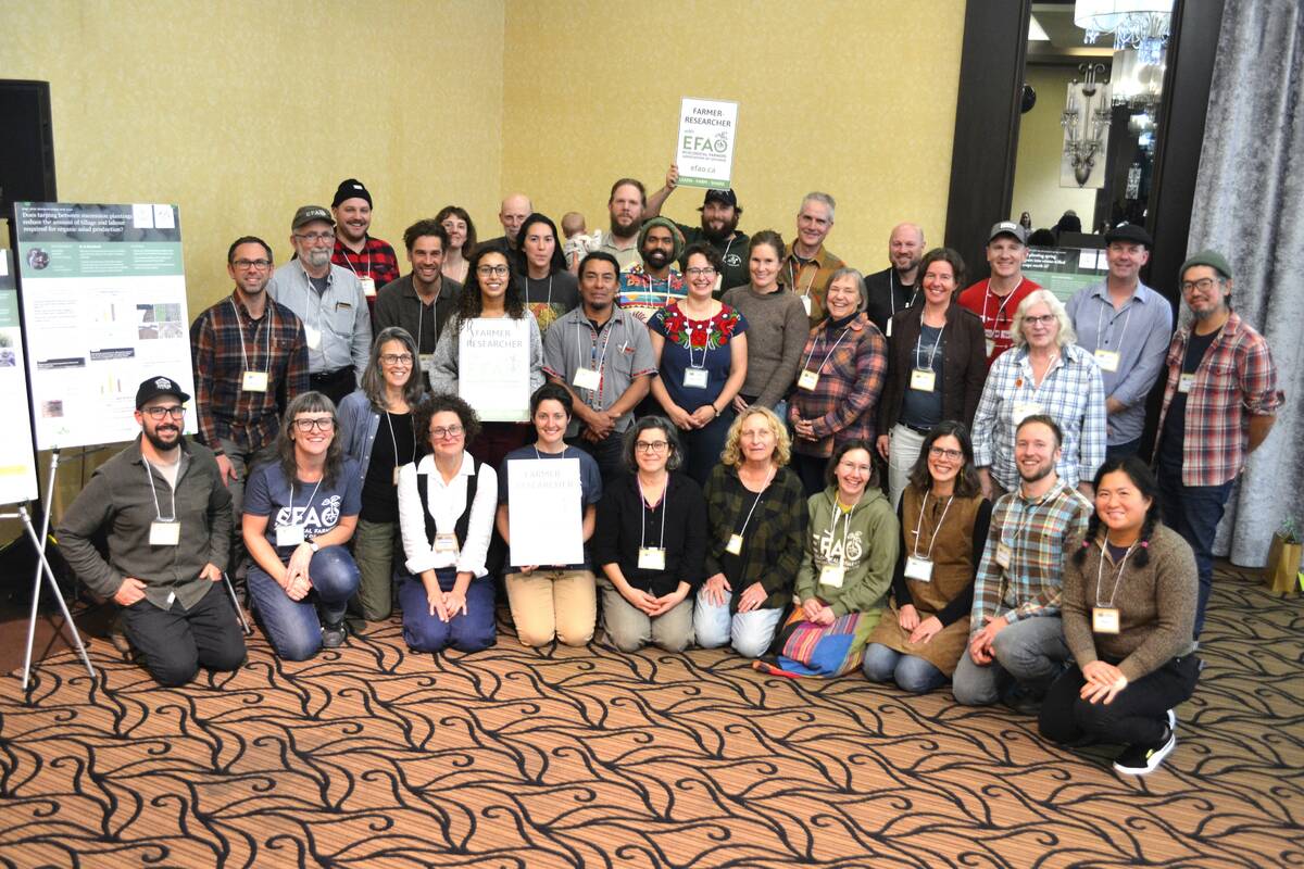 Participants in the EFAO program, shown here at the association’s recent convention, also take part in an online research symposium reviewing the year’s results.A group of farmer participants in EFAO’s Farmer-Led Research Program, at the 2026 EFAO convention. Photo: Stew Slater