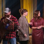 Shari van de Pol of Cattleytics, centre, talks to some of the dragons on Dragon's Den about her Ontario agtech company, while farmer Mac Jakeman holds onto one of his Ayrshire cows. Photo: Courtesy Cattleytics