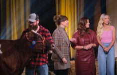 Shari van de Pol of Cattleytics, centre, talks to some of the dragons on Dragon's Den about her Ontario agtech company, while farmer Mac Jakeman holds onto one of his Ayrshire cows. Photo: Courtesy Cattleytics