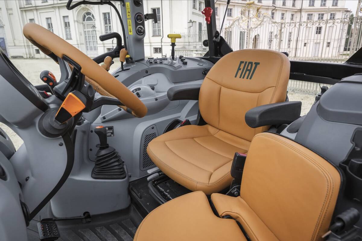 The cab interior features several leather-wrapped components. Photo: New Holland