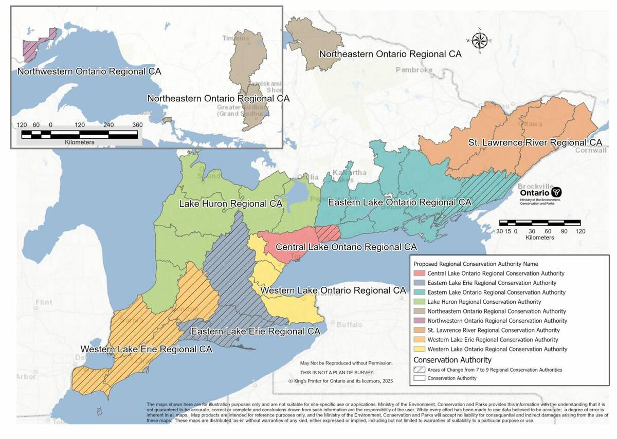 The new map of consolidated Conservation Authorities features nine regions, rather than the originally proposed seven. Farm and conservation groups pushed for 19 broader watershed-based regions.  Source: Ontario government