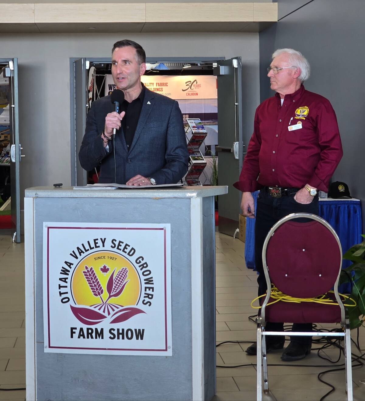 The Official Grand Opening of the Ottawa Valley Farm Show 2026 hosted by OVSGA President Don Gordon, featured speakers like Trevor Jones, Ontario’s minister of Agriculture, Food and Agribusiness. Photo: Lora Bender