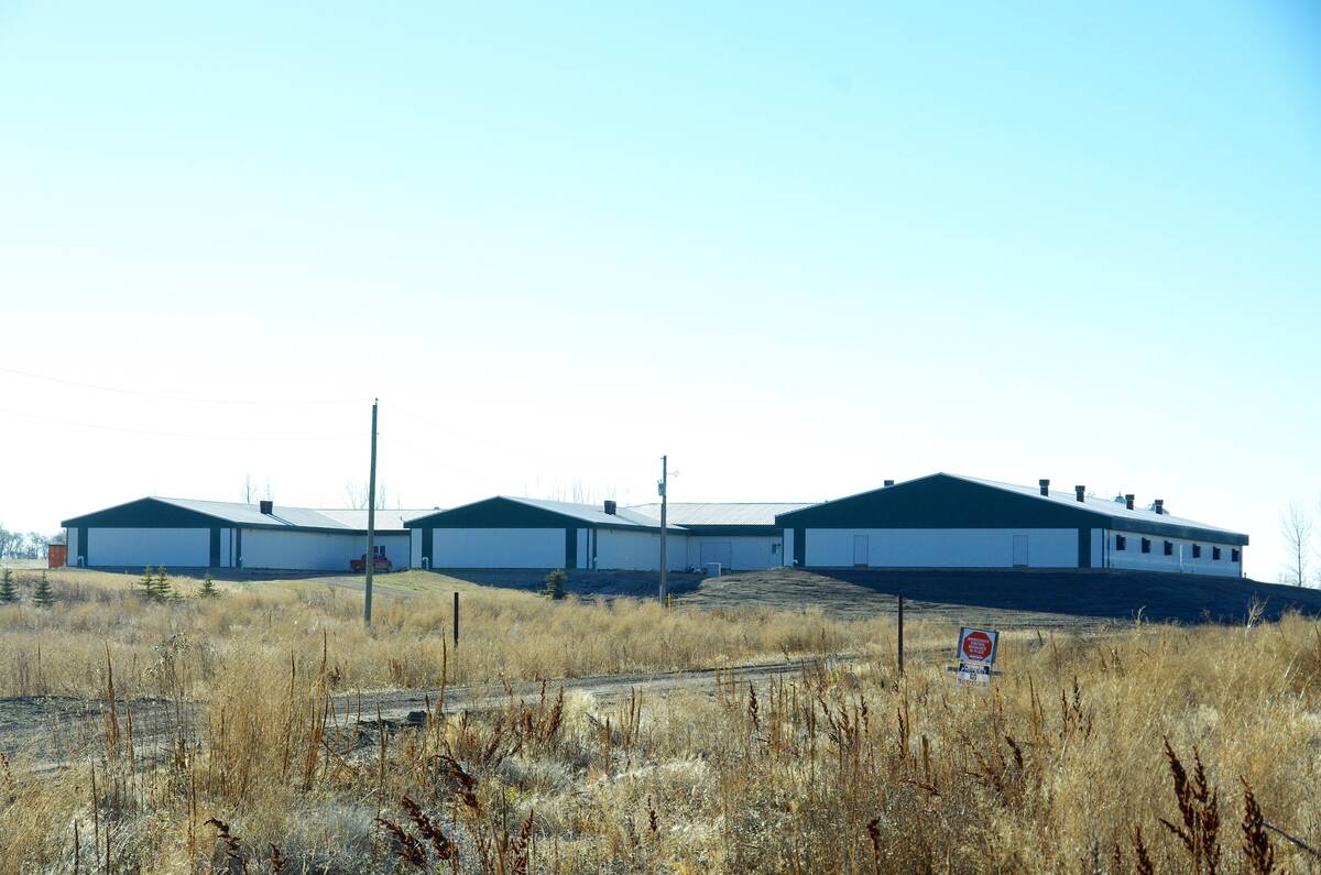 The exterior of a hog barn near Strathclair, Man., with biosecurity sign visible, in October 2018. Photo: Alexis Stockford