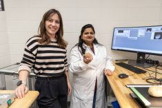 Ashley Wagenaar from the Potato Growers of Alberta and Diksha Singla, a post-doctoral research fellow at Lethbridge Polytechnic, in the school's Advanced Post-Harvest Technology Centre within Lethbridge's Polytechnic Centre for Applied Research. Singla was part of a team researching the levels of total glycoalkaloids (TGAs) in Yukon Gold potatoes. 

Photo Credit: Lethbridge Polytechnic Centre for Applied Research
