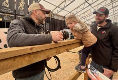 People talk at the Canadian Dairy Xpo in the Cow Coliseum building.