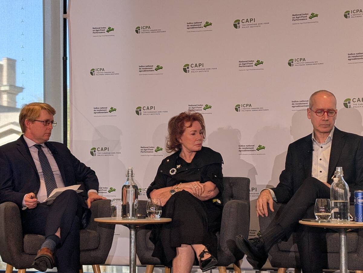 Arlene Dickinson, centre, at a Canadian Agri-Food Policy Institute panel in Ottawa. The Dragons&rsquo; Den investor has been vocal about Canada&rsquo;s untapped potential in global agri-food trade. Photo: Jonah Grignon