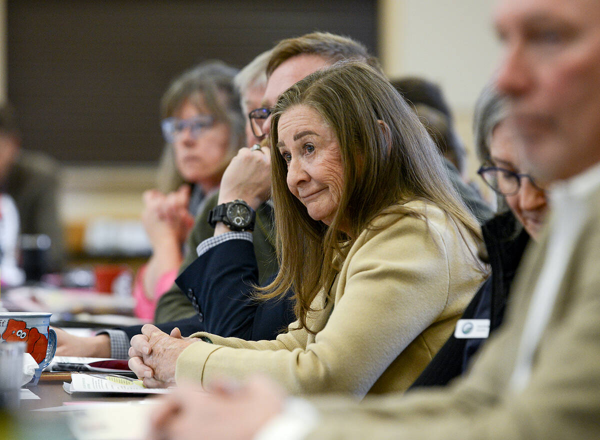 Gail Ardiel, a woman with long straight brown hair in a camel-coloured blazer, leans forward, ahead of a row of seated people, with a wry look on her face. Photo: Diana Martin.